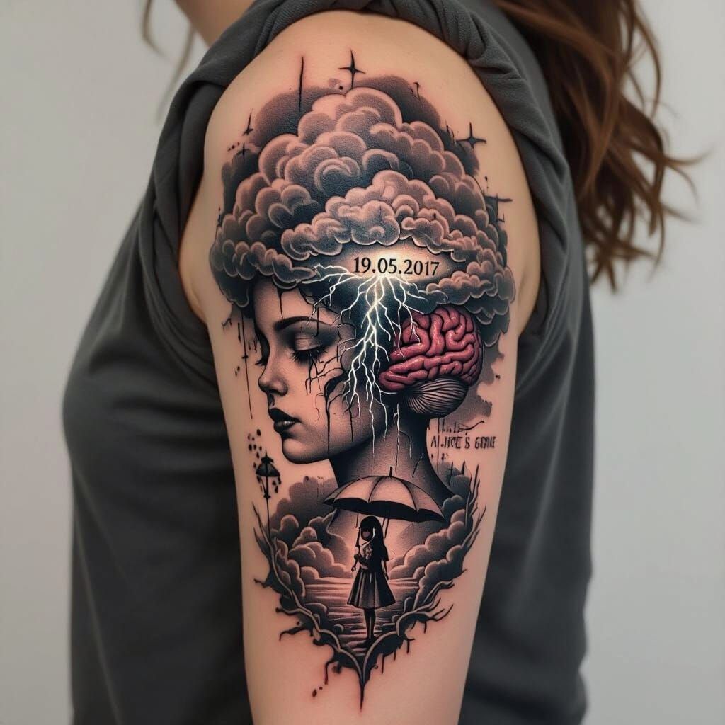 Dark Art Tattoo Sleeve: Storm Cloud Head with Hidden Date