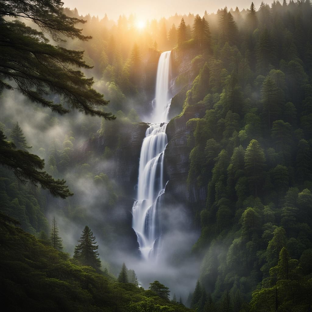 Majestic Waterfall in Foggy Forest at Sunrise