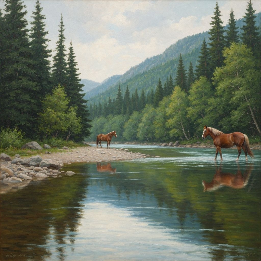Majestic Horse by River in Fine Art Style