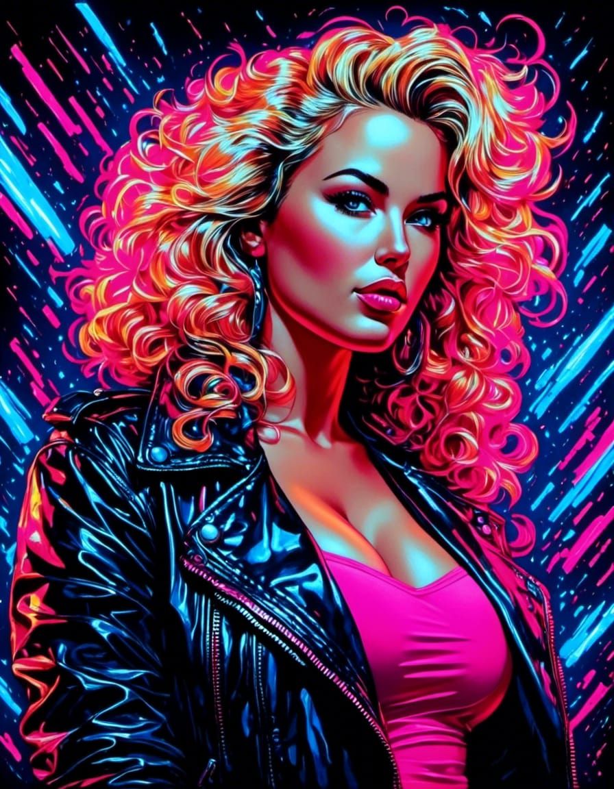 Eighties Pinup Girl in Neon Blacklight Style