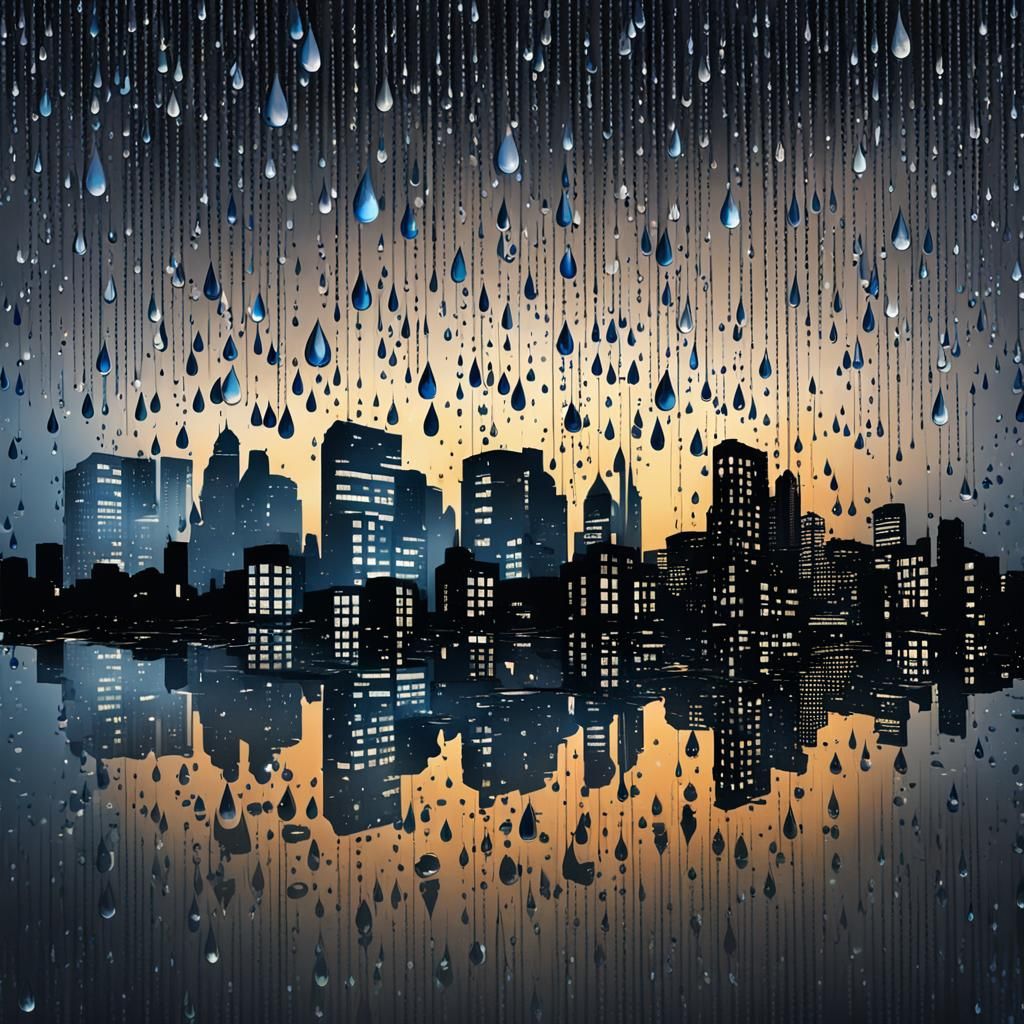 Reflective Raindrops Over Night Cityscape
