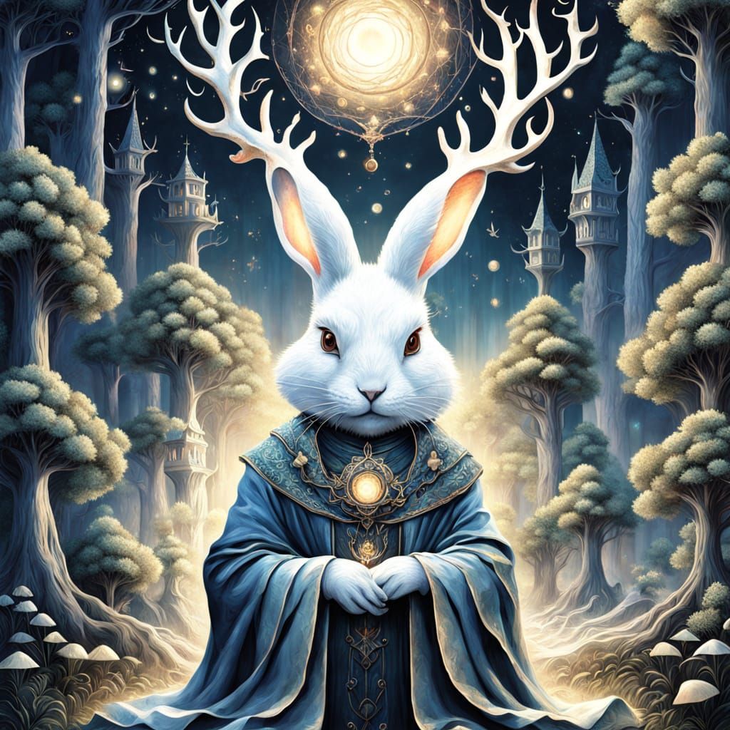 Majestic White Rabbit with Antlers in Enchanted Forest