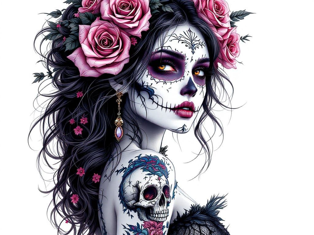Sugar Skull Woman with Roses and Gothic Accessories
