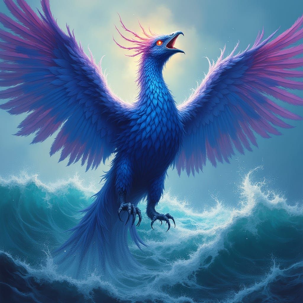 Fantasy Phoenix Rises from Turbulent Ocean Waves