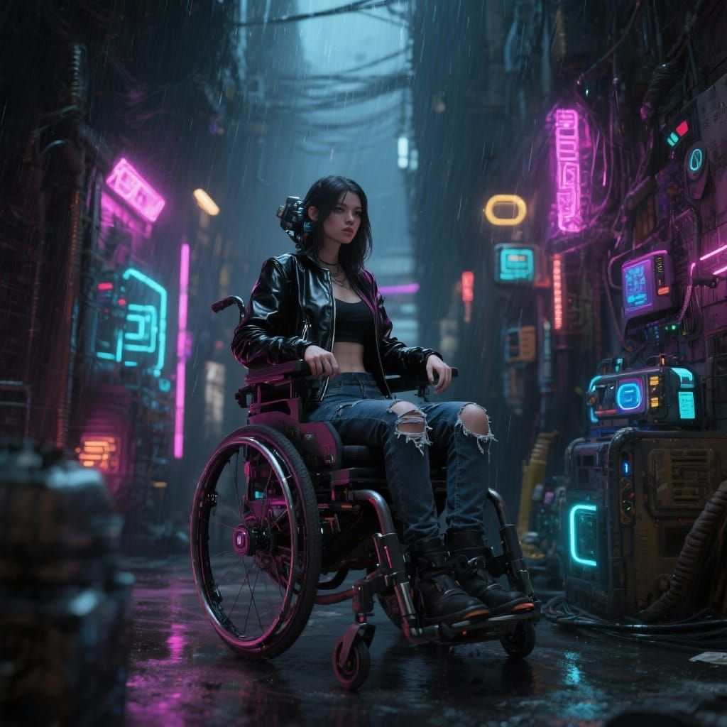 Cyberpunk Hacker in Rainy Alley with Neon Lights