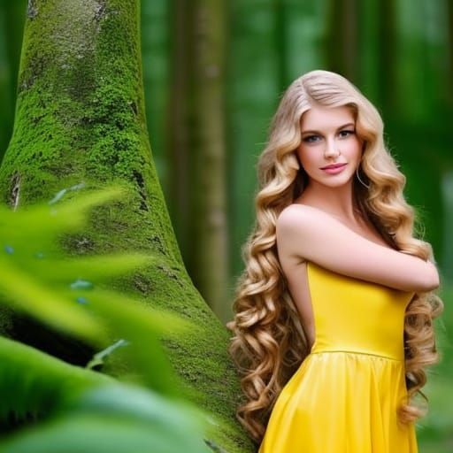 Beautiful Princess in Yellow Dress in Forest