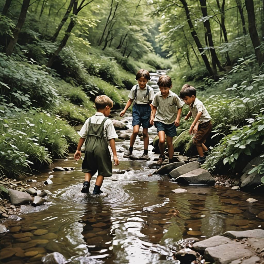 Children Playing in Stream: Nostalgic Memories