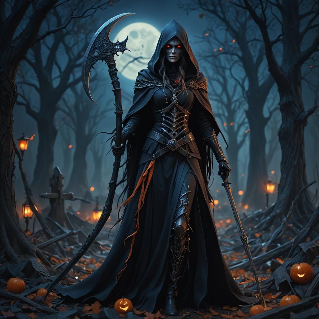 Female Grim Reaper with Scythe in Dark Fantasy Style