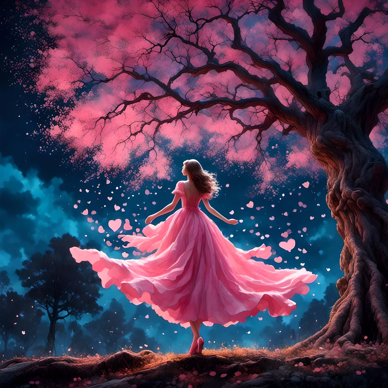 Girl in Pink Dress Under Night Sky