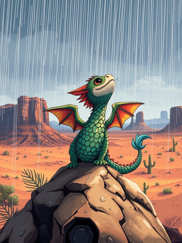 Whimsical Desert Dragon in Rainstorm