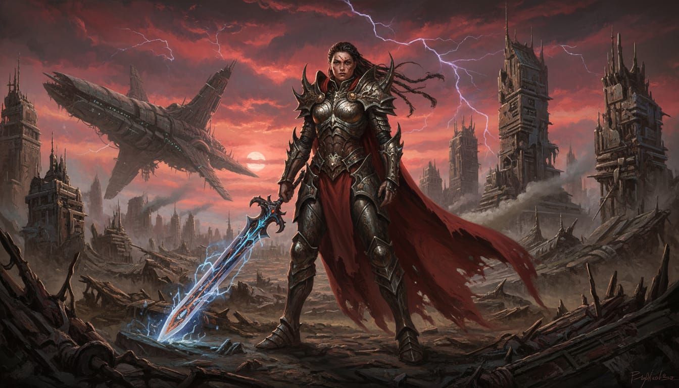 Fantasy Warrior Woman in Destroyed Sci-Fi Metropolis