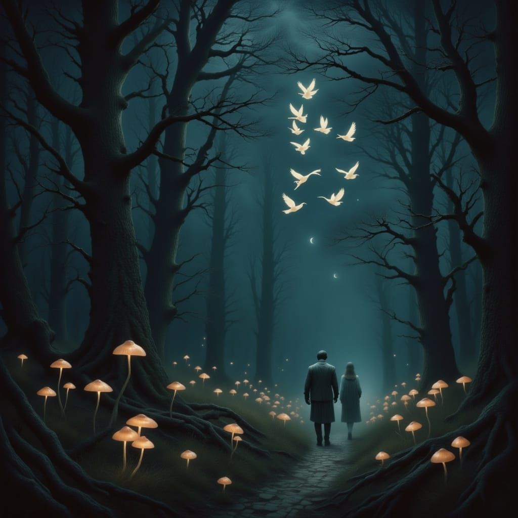 Bioluminescent Birds Guide Traveler Through Enchanted Forest