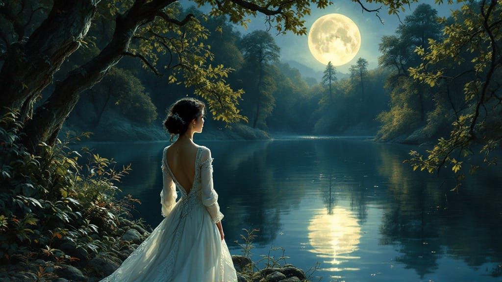 Moonlit Contemplation: A Dreamlike Lakeside Scene