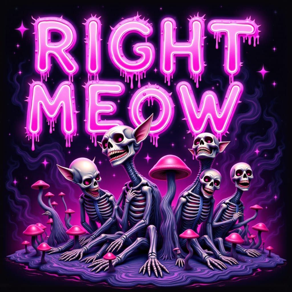 Cute Glitter Neon Pink "RIGHT MEOW" Font with Psychedelic Mu...