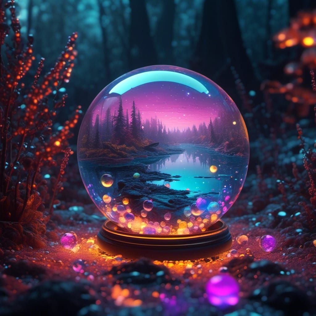 Fairy in Bioluminescent Crystal Ball: Synthwave Art