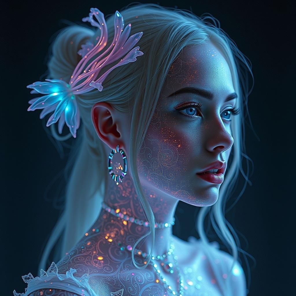 Bioluminescent Woman with Cyberpunk Tattoos and Gown