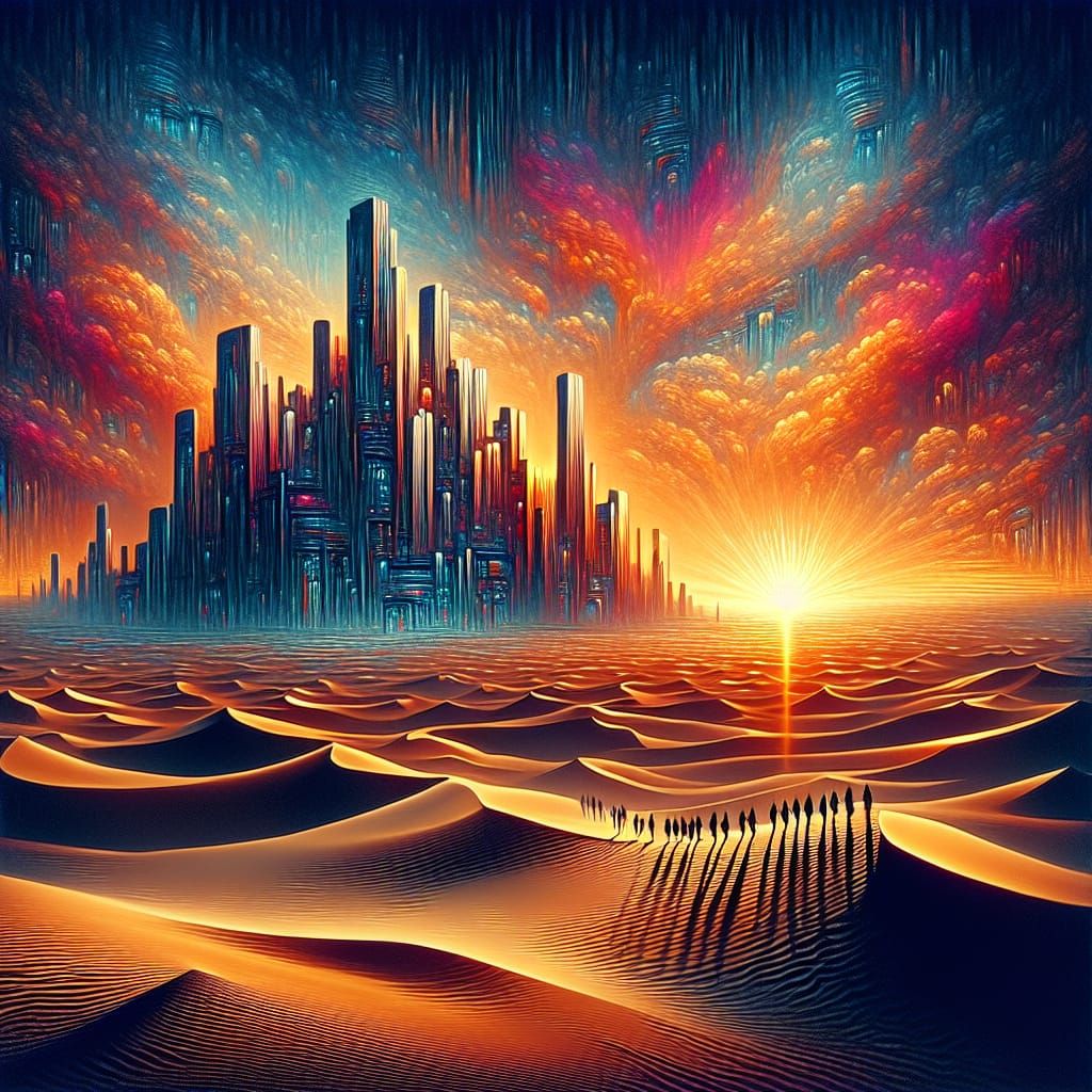 Glass City Sunset in Desert Art Deco Style