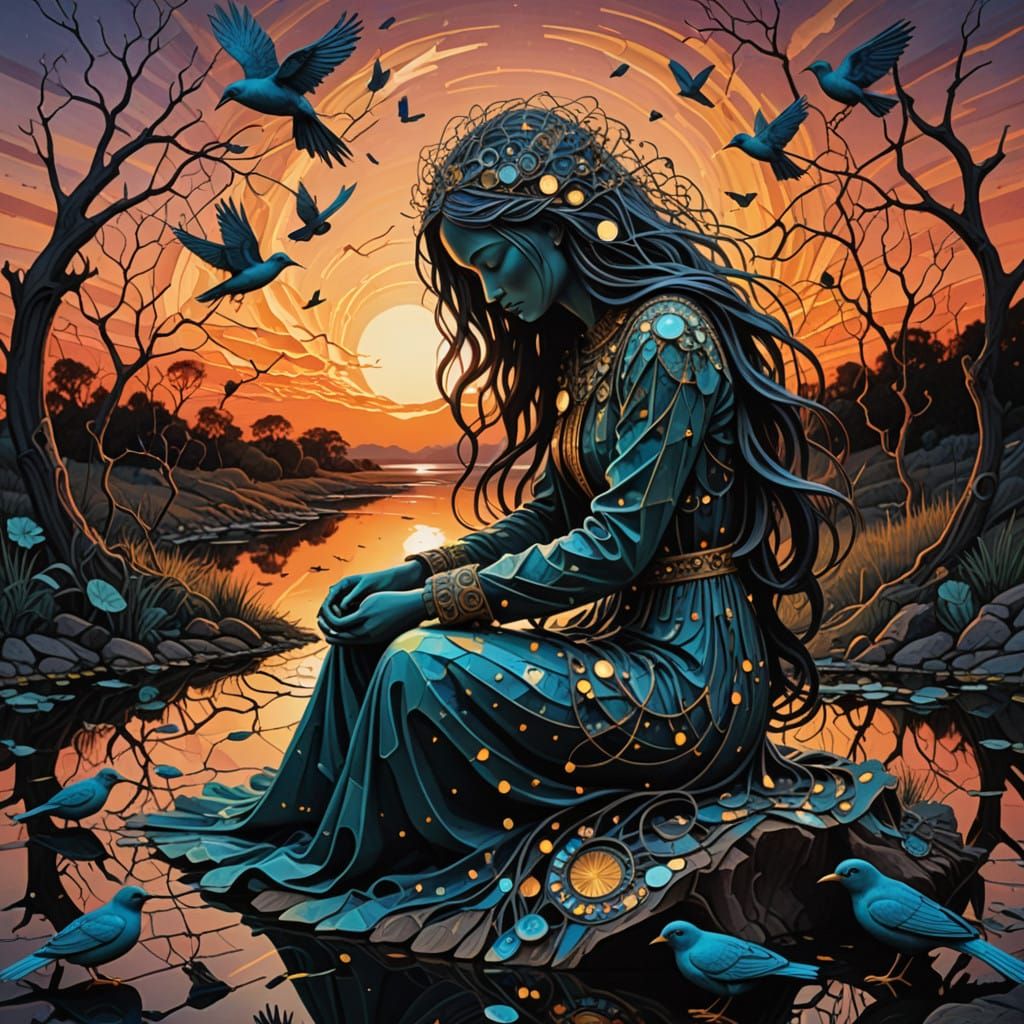 Surreal Sunset Goddess in Bio Art Style