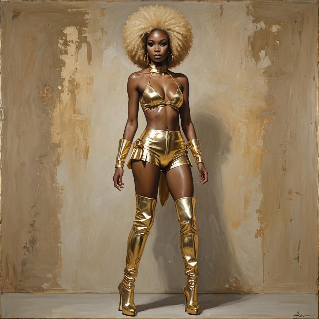 Tall ebony skinny princess, gold bikini, thigh high heels platform boots, blonde afro, full body photo, prety face,