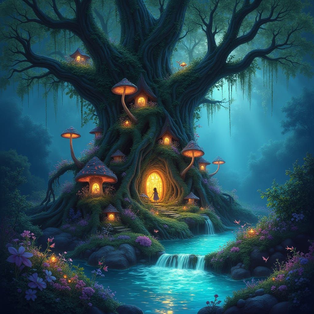 Bioluminescent Fairy Village in Ancient Banyan Tree