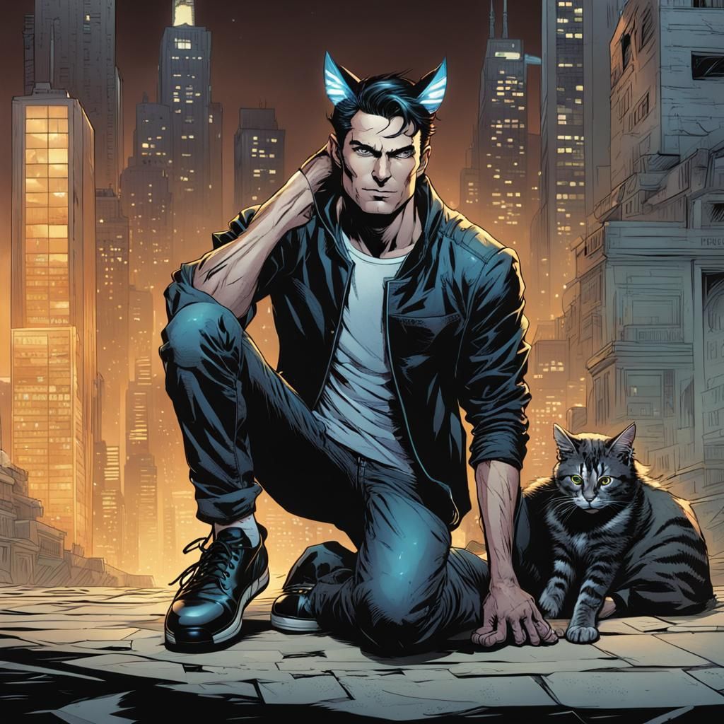 Cat-Like Superhero in Comic Book Art Style
