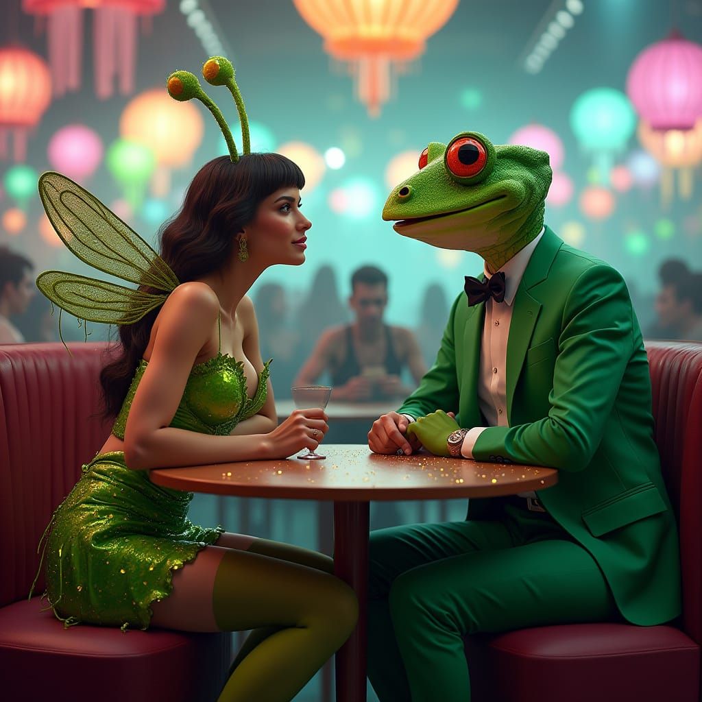 Stunning Green Grasshopper Woman in Disco Scene