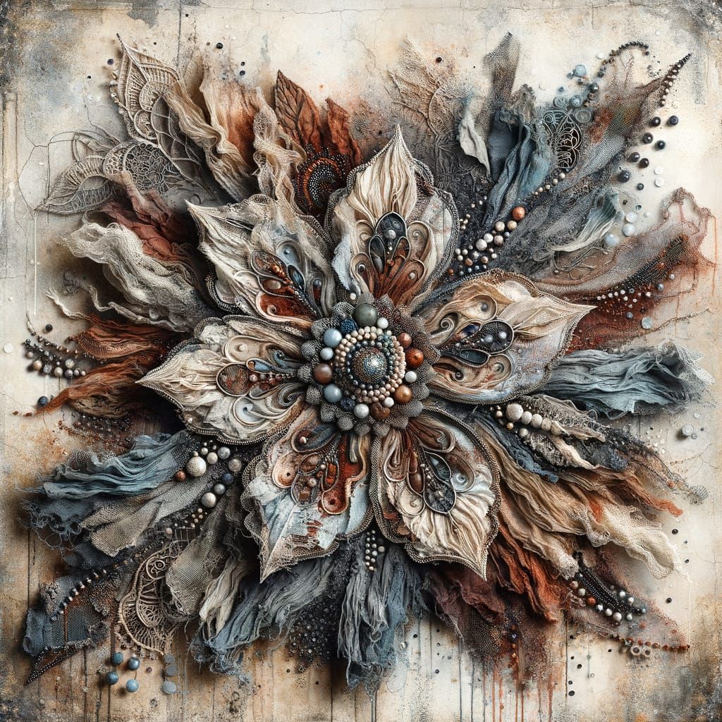 Grunge Mixed-Media Sculpture with Textile Petals