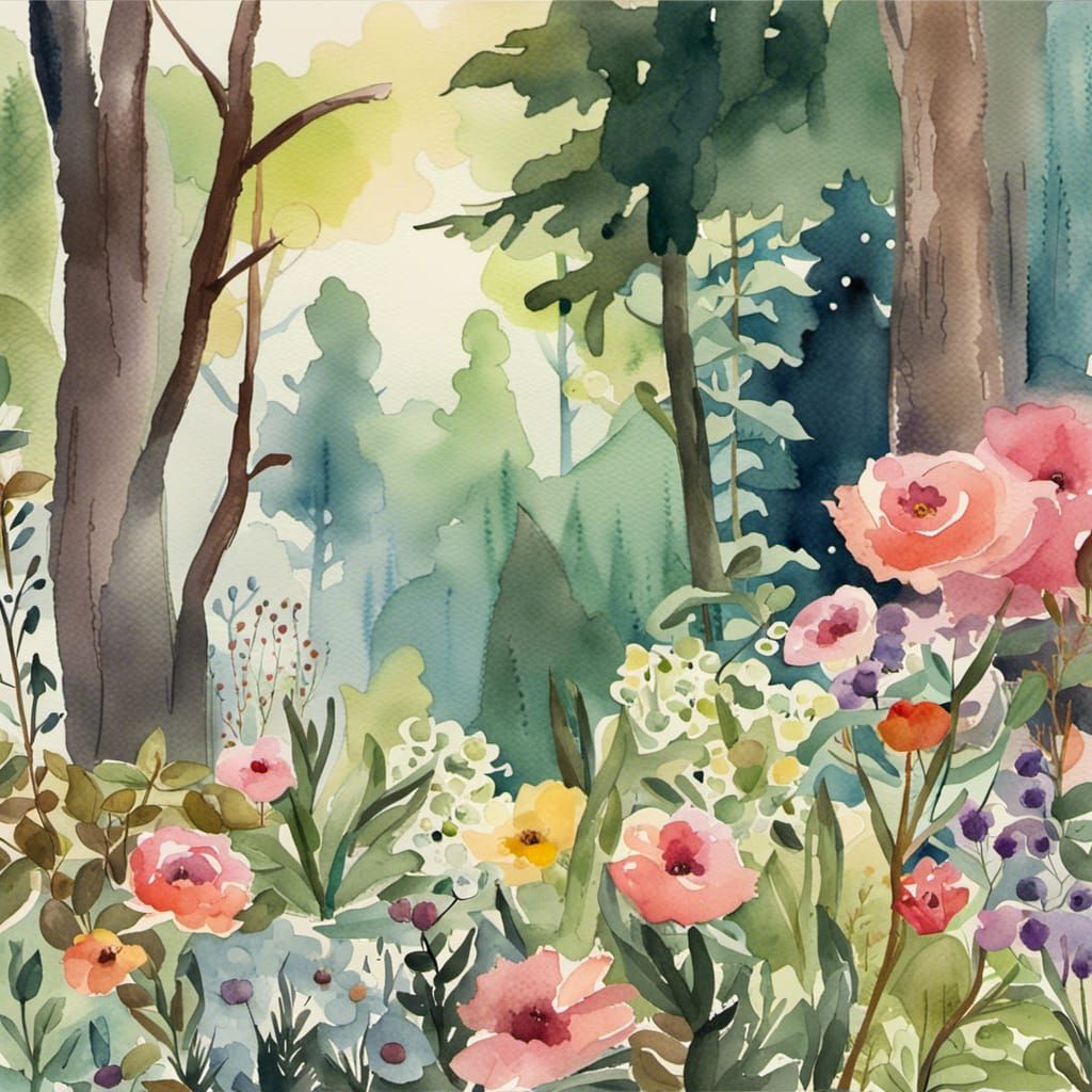Watercolor Forest Scene with Wildflowers