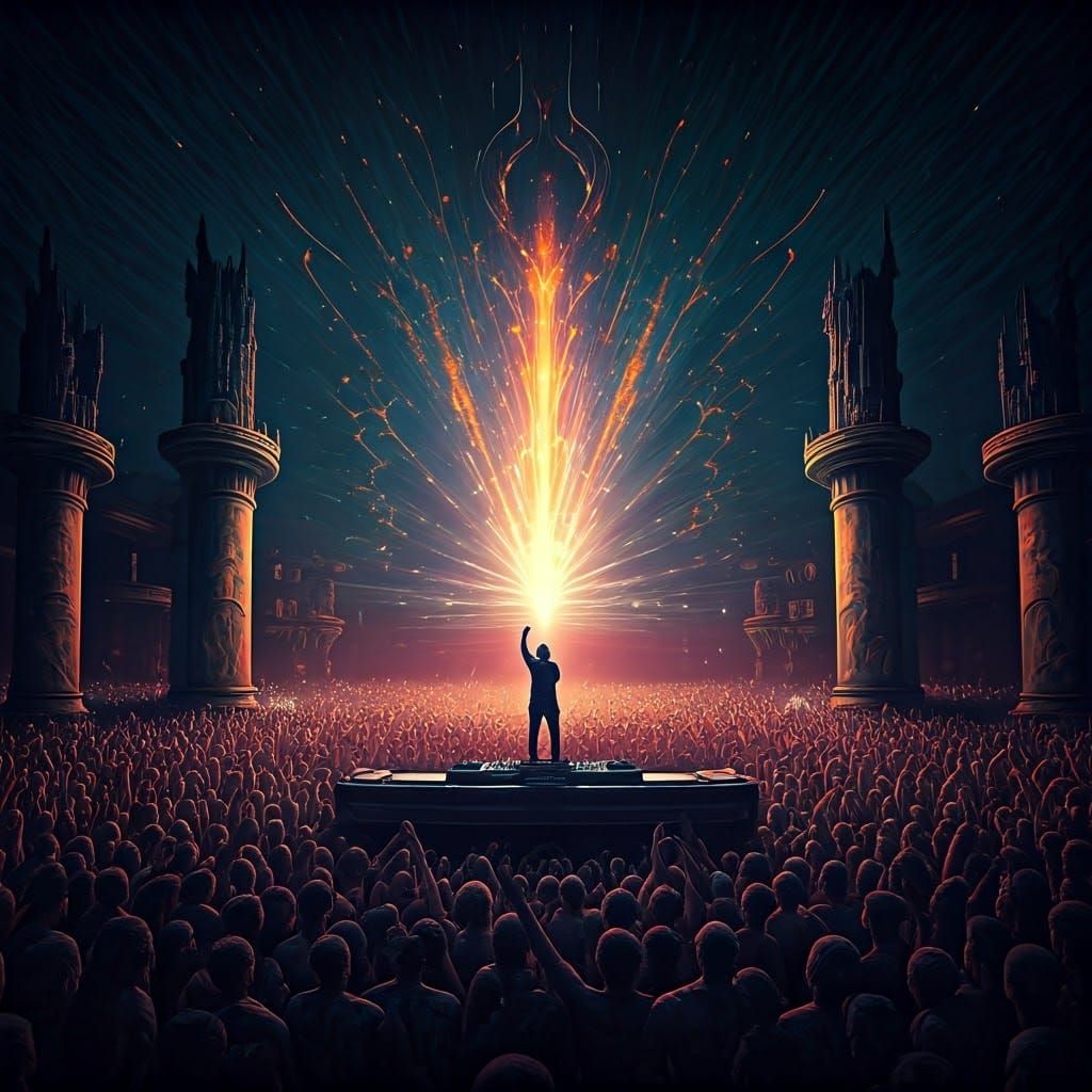 DJ Performing for Awestruck Crowd in Dreamlike Fantasy Art