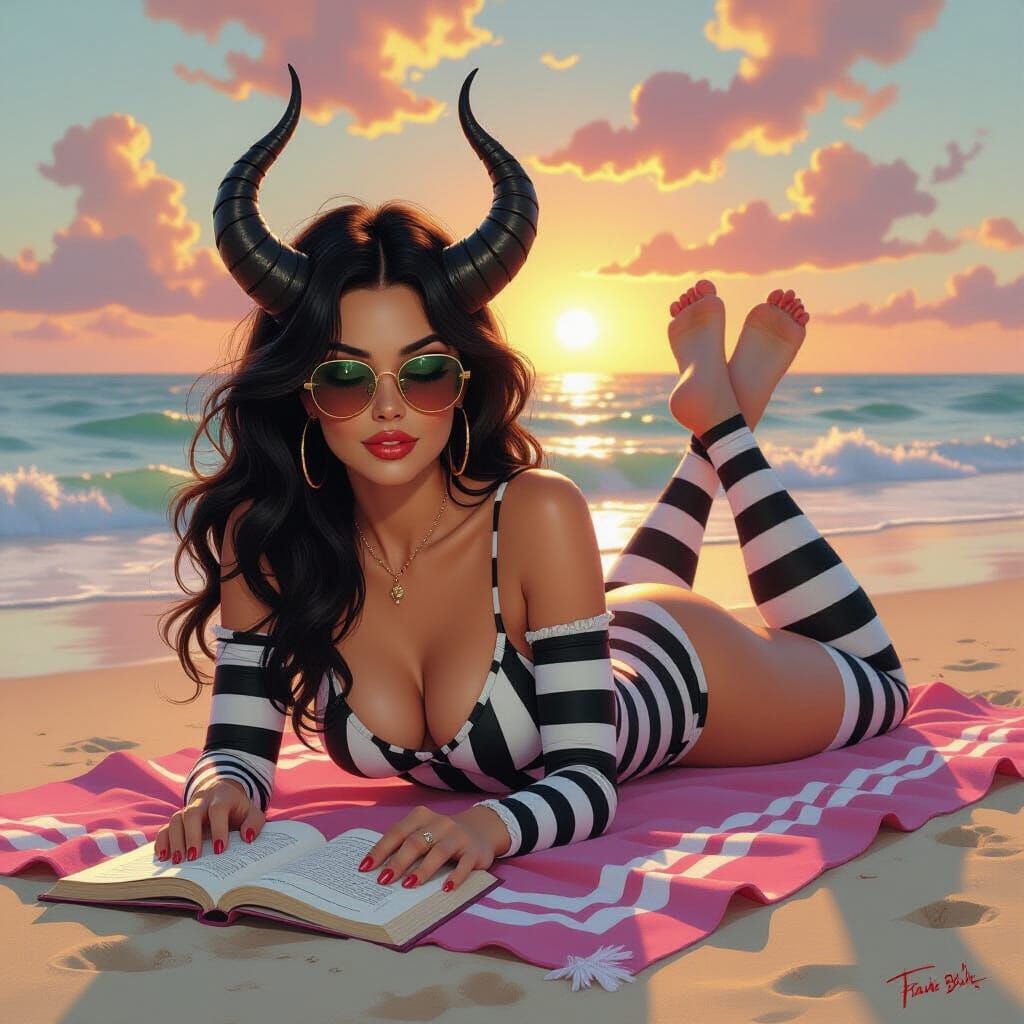 Tiefling Woman Reading on Beach, in Fantastical Realism Styl...