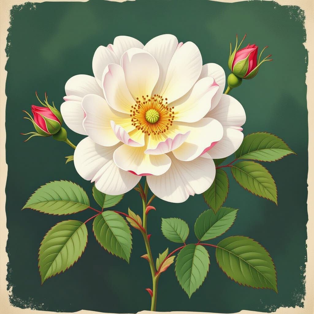 White Rose Engraving with Watercolor Accents