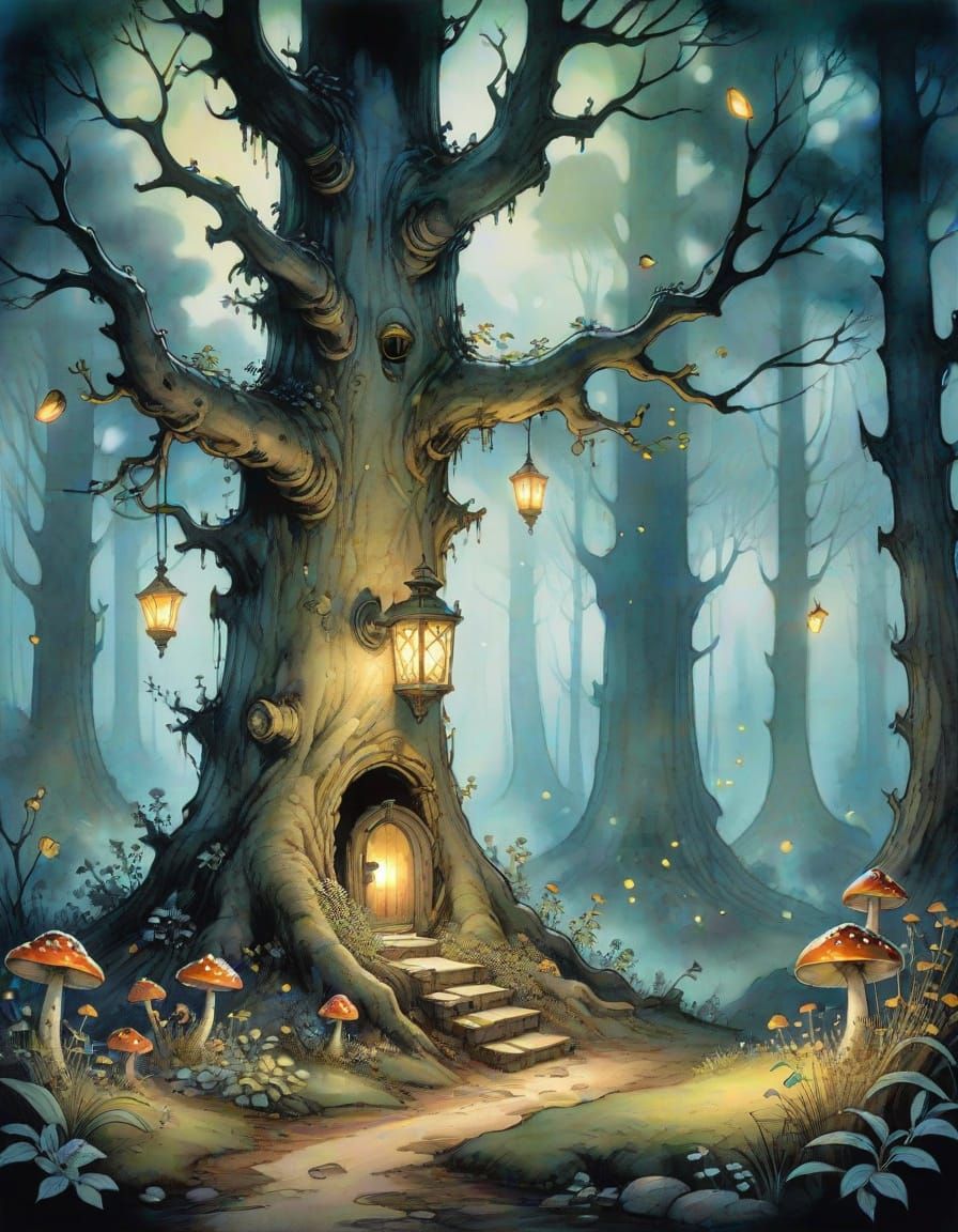 Enchanted Forest Clearing with Glowing Tree Lantern