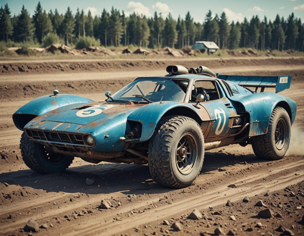 Atompunk Racing Car on Dirt Track in Polaroid Style