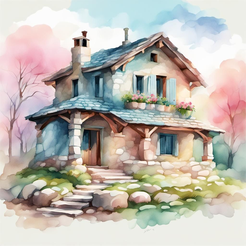 Cozy Stone House in Spring, Aquarelle Digital Art
