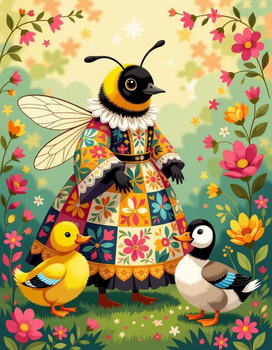 Patchwork Bee Portrait in Floral Dress, Cozy Lighting