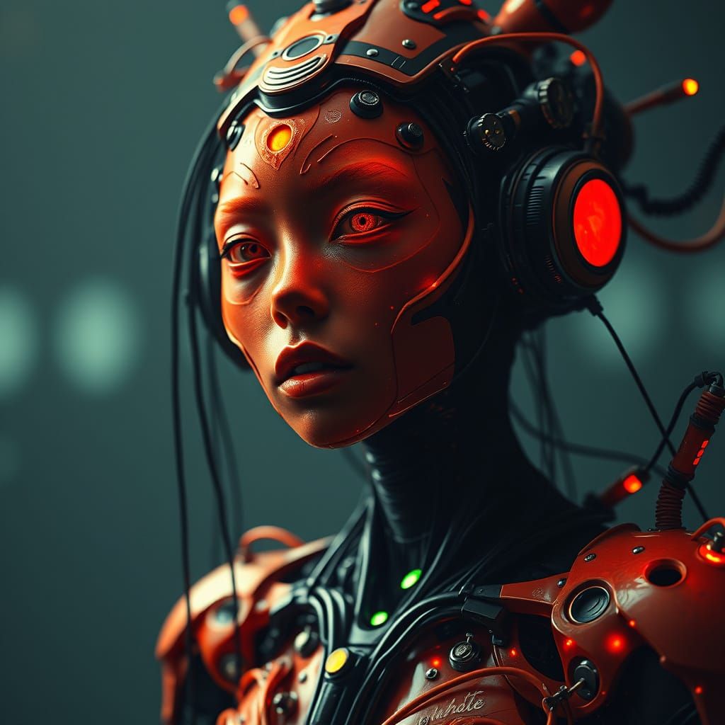 Ethereal Japanese Woman in Dark Futuristic Biomechanical Sty...