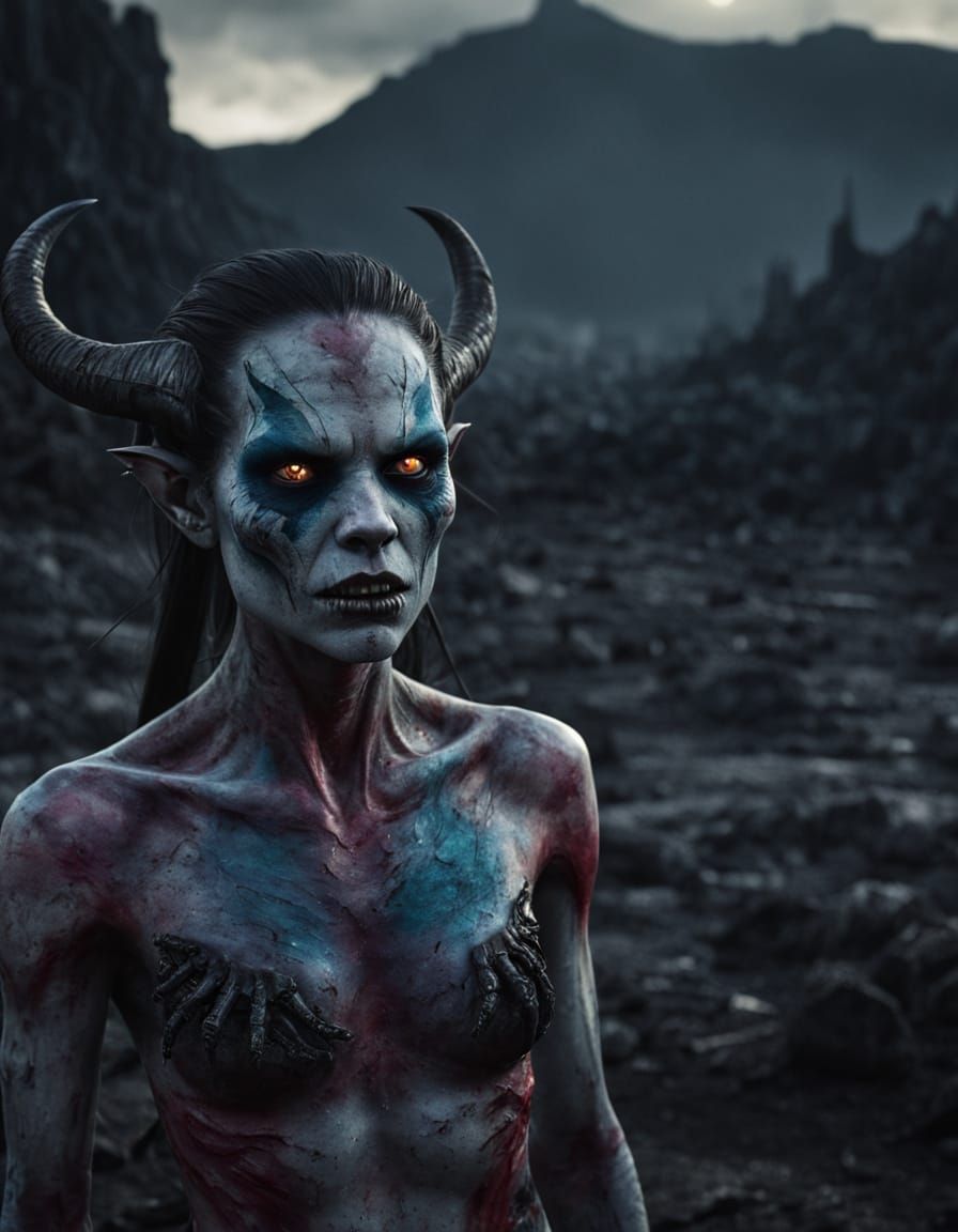 Detailed Demon Girl in Eerie Dark Landscape