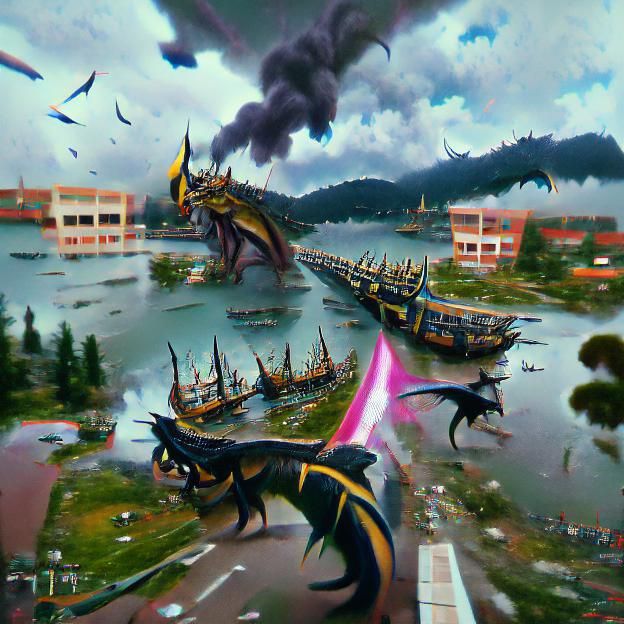 Dragon Attack on Tasik Cini Port: Digital Illustration
