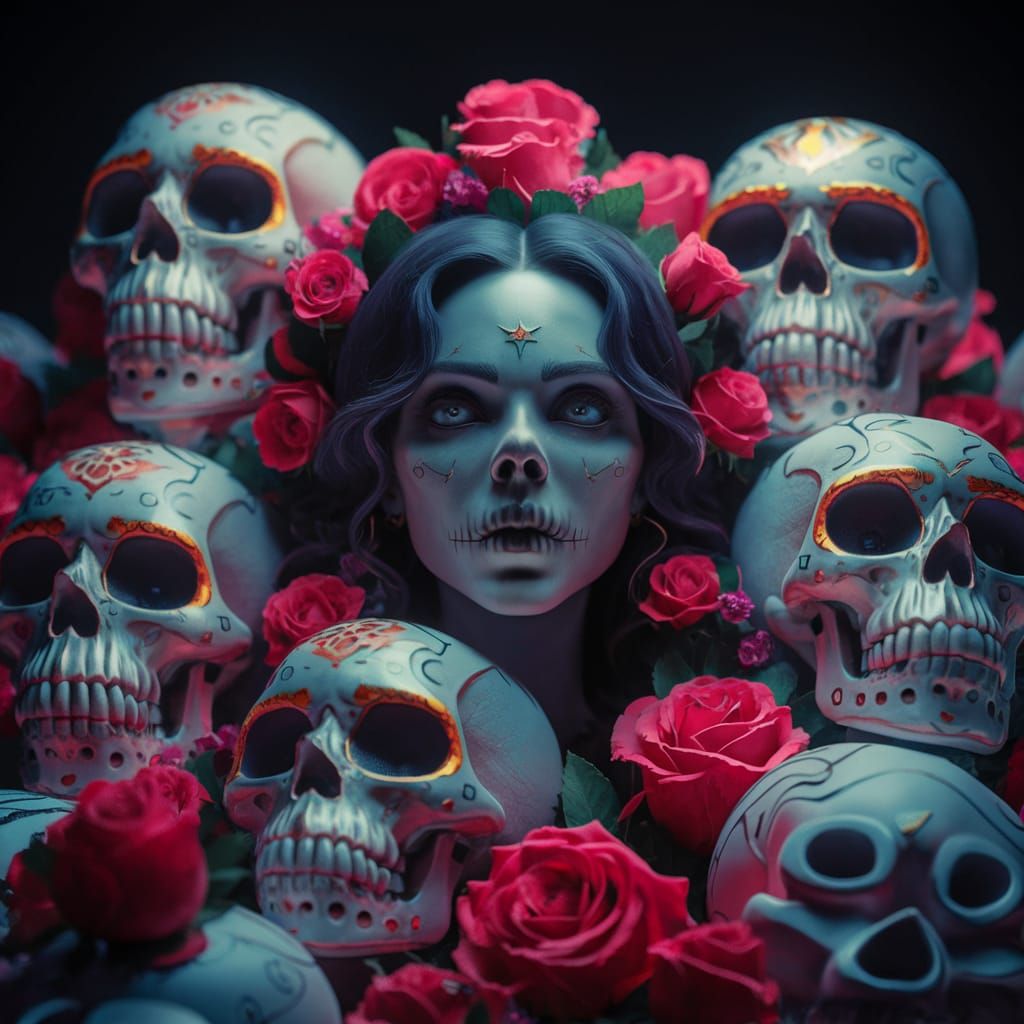 La Llorona Surrounded by Sugar Skulls: 3D Render
