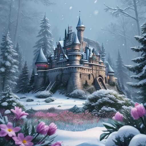 Hyperrealistic Castle in Snowy Forest with Flowers