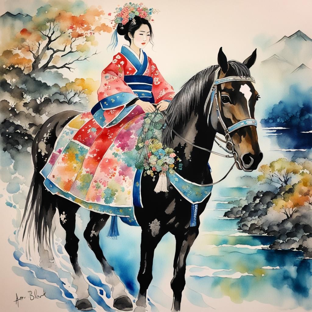Japanese Bride on Horseback in Watercolor Style