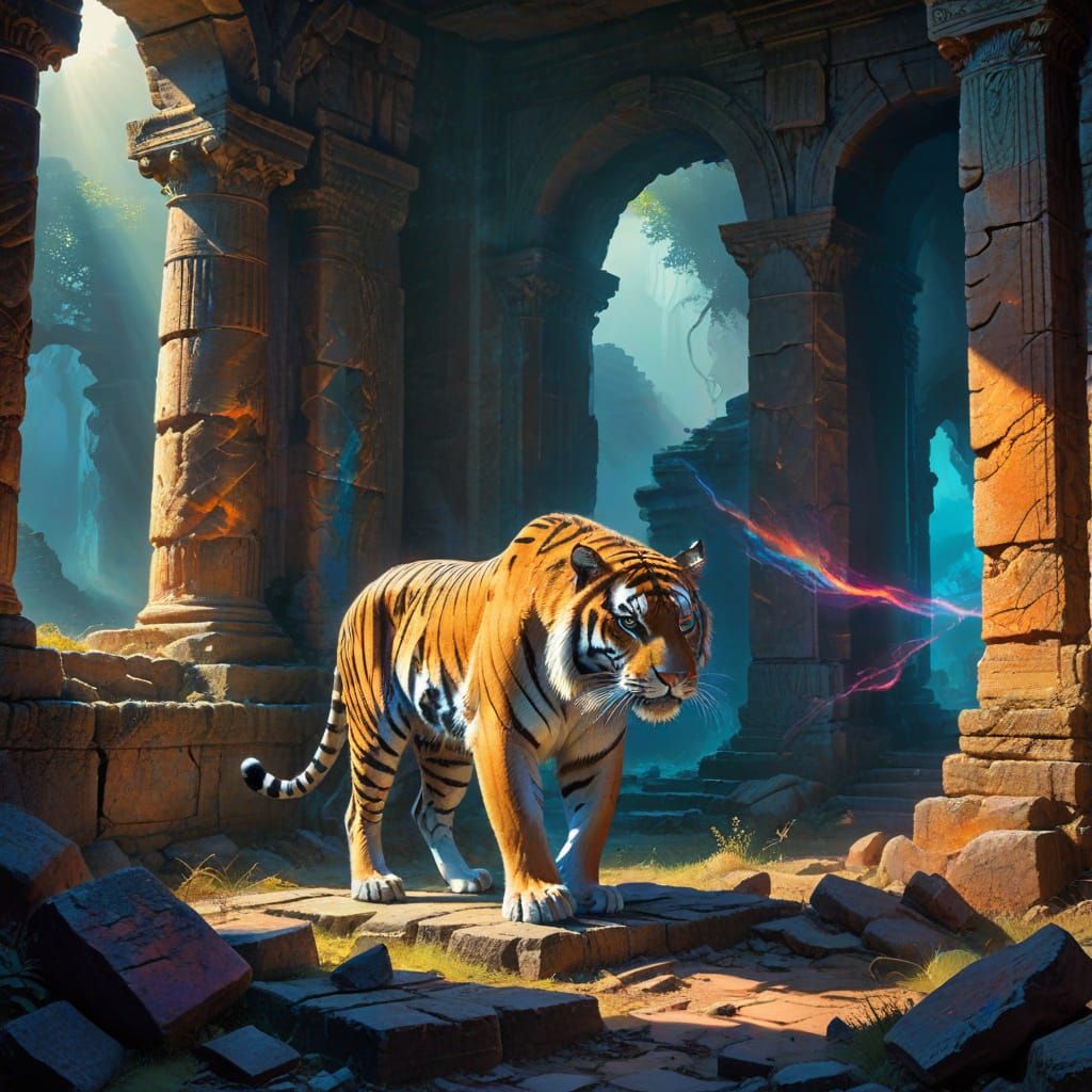 Majestic Tiger Prowls Ancient Ruins in Painterly Style