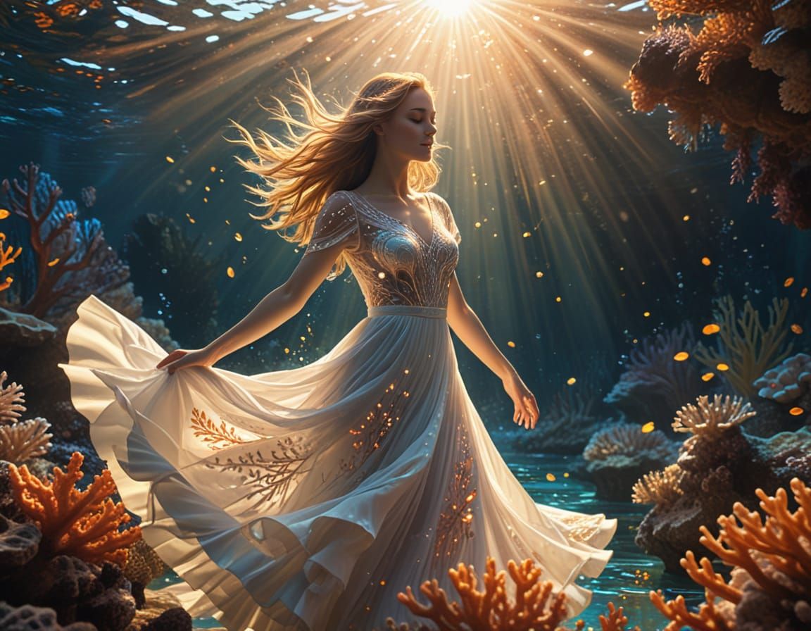 Ethereal Woman Dancing Among Coral Reefs