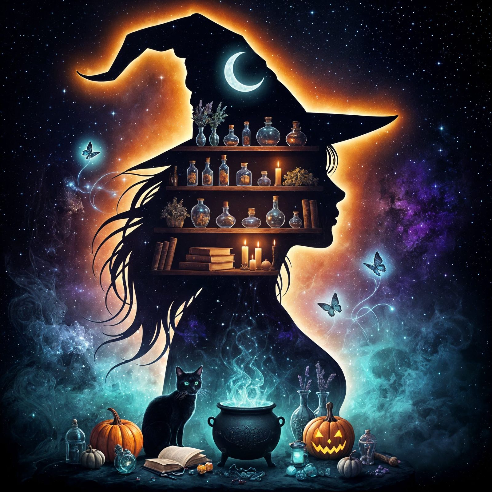 Celestial Witch Silhouette with Starlight and Apothecary She...