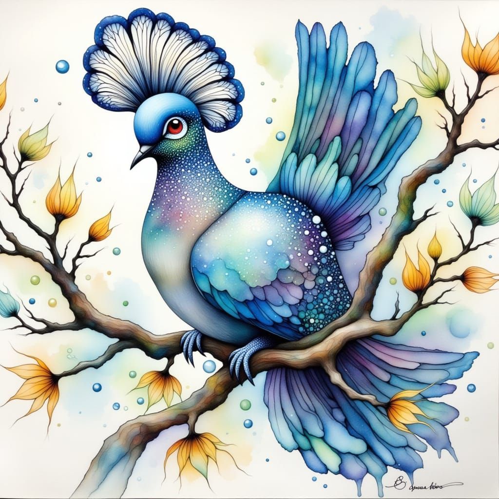 Vibrant Blue Crowned Pigeon in Ethereal Watercolor