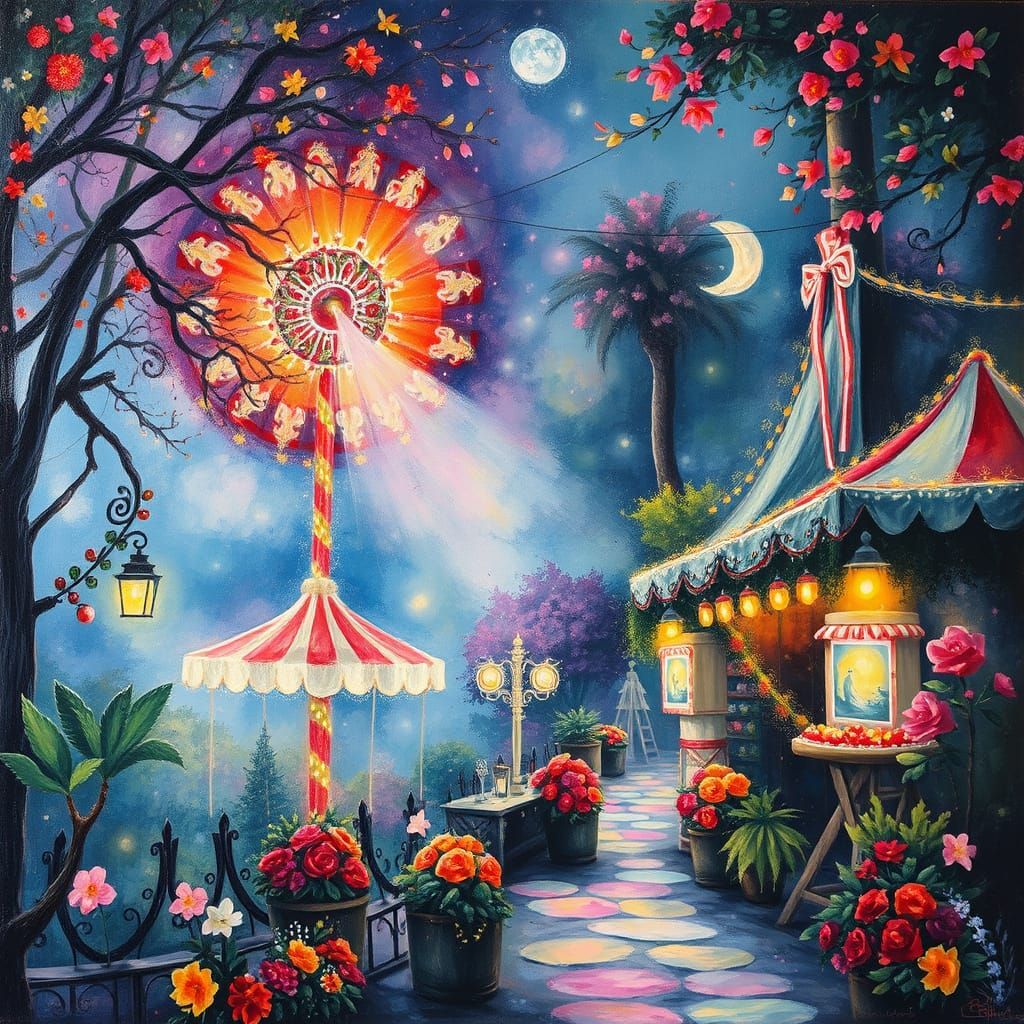 Whimsical Carnival Scene in Neo-Impressionist Style