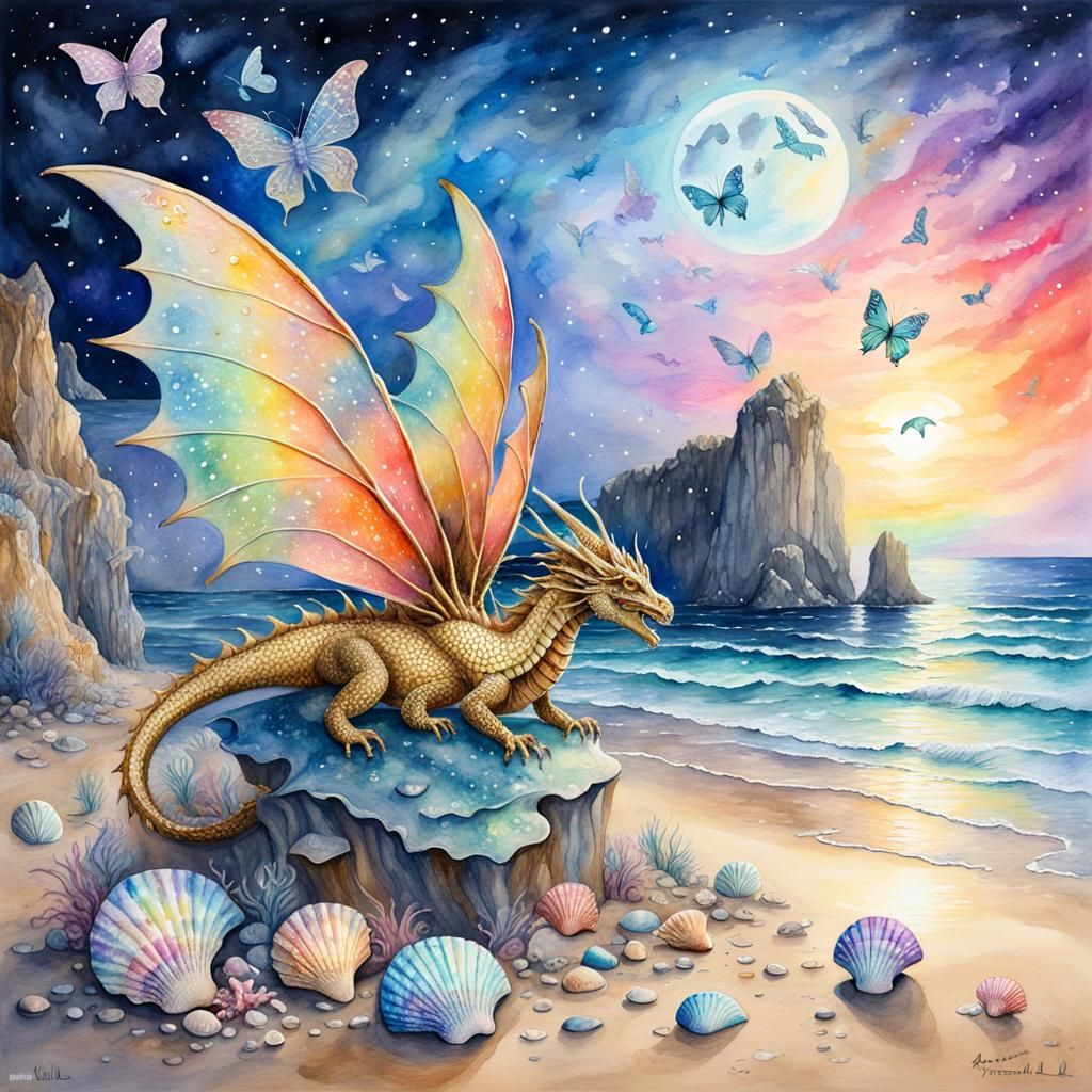 Goldpunk Dragon with Butterfly Wings in Dreamcore Aquarelle