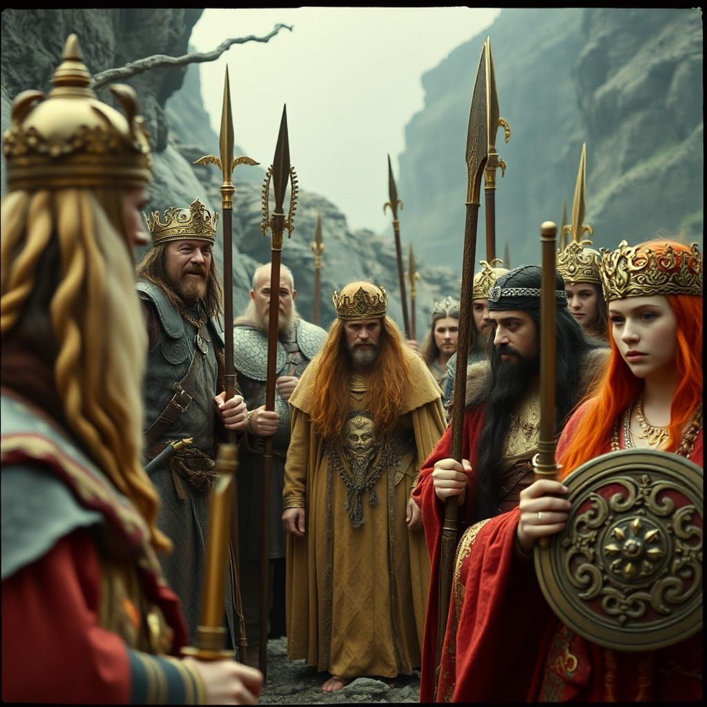 Epic Celtic Mythology Scene with Warriors and Kings