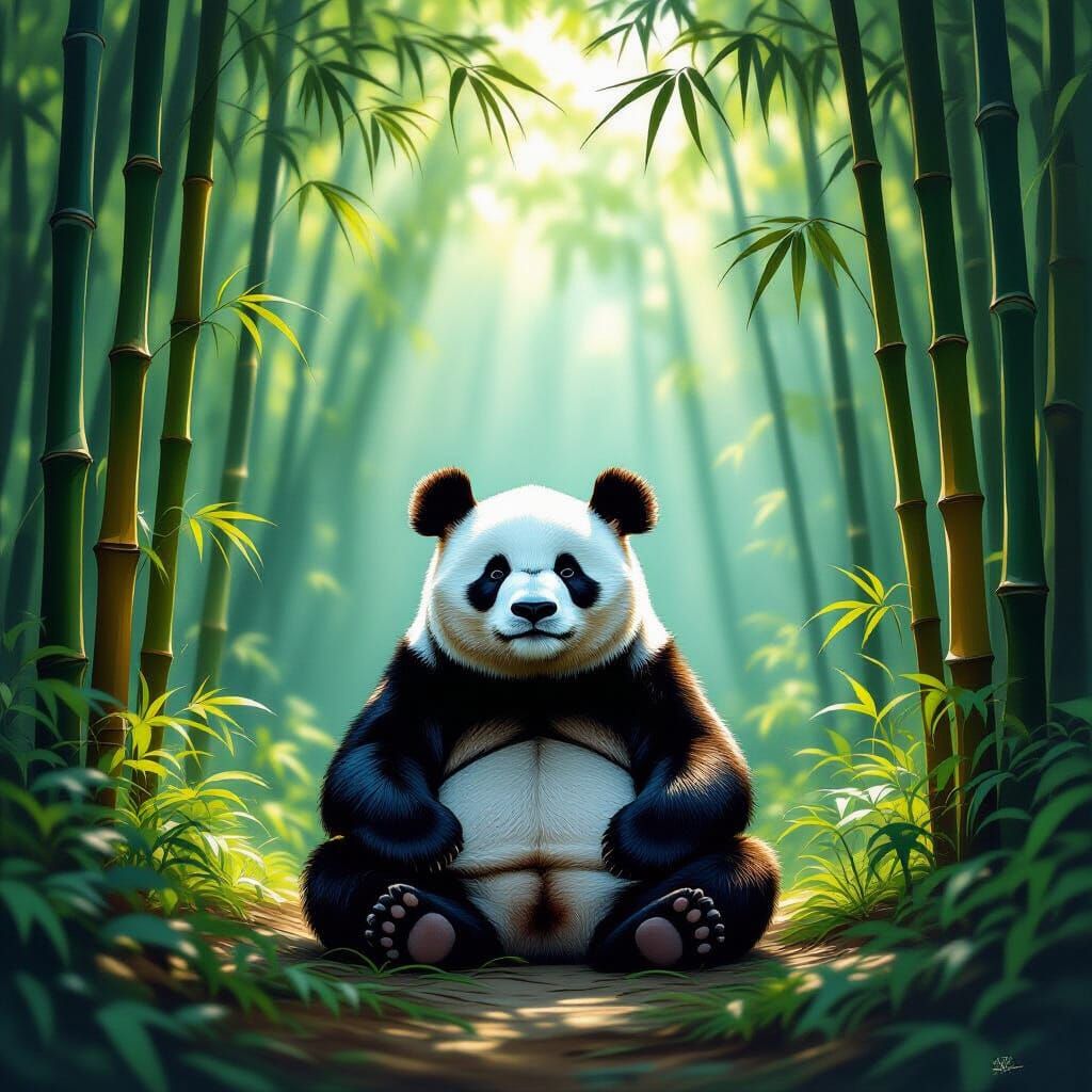 Panda Meditating in Sunlit Bamboo Forest as Impasto Oil Pain...
