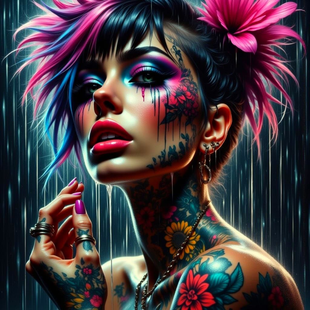 Rain-Soaked Tattooed Punk Portrait in Neovisceral Style